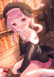 Rule 34 | 1girl, beret, black hat, black shirt, black wings, blue archive, blurry, blurry background, blush, book, bookshelf, chinomaron, commentary request, depth of field, feathered wings, halo, hat, head wings, highres, indoors, koharu (blue archive), long hair, long sleeves, looking at viewer, loose socks, low wings, nose blush, off shoulder, on floor, open mouth, pink hair, pink skirt, pleated skirt, red eyes, shirt, signature, sitting, skirt, sleeves past fingers, sleeves past wrists, socks, solo, suggestive fluid, twintails, twitter username, wariza, wavy mouth, white socks, wings