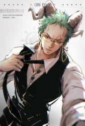 Rule 34 | 1boy, adjusting clothes, adjusting necktie, alternate costume, bespectacled, black necktie, black pants, black vest, chain, closed mouth, collar, collared shirt, copyright name, dywx poison, earrings, glasses, green hair, highres, horns, jewelry, long sleeves, looking at viewer, male focus, necktie, one eye closed, one piece, pants, roronoa zoro, scar, scar across eye, scar on face, shirt, short hair, simple background, solo, standing, vest, white background, white shirt