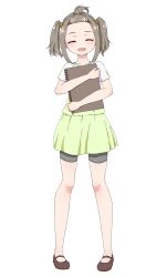 Rule 34 | 1girl, absurdres, aged down, black shorts, brown footwear, closed eyes, commentary request, facing viewer, forehead, full body, green skirt, highres, holding, holding sketchbook, kamidan, light brown hair, mary janes, medium hair, open mouth, shania (xenoblade), shirt, shoes, shorts, shorts under skirt, simple background, sketchbook, skirt, smile, solo, topknot, twintails, white background, white shirt, xenoblade chronicles (series), xenoblade chronicles 3