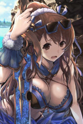 Rule 34 | 1girl, asymmetrical bangs, bare shoulders, beatrix (granblue fantasy), bikini, blue bikini, blue ribbon, breasts, brown eyes, brown hair, cleavage, coffee1223, day, detached collar, eyewear on head, granblue fantasy, hair between eyes, hair ribbon, highres, large breasts, long hair, looking at viewer, open mouth, outdoors, ponytail, ribbon, sarong, scrunchie, solo, sunglasses, swimsuit, sword, weapon, wrist cuffs