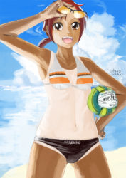 Rule 34 | 10s, 1girl, :d, adjusting eyewear, bad id, bad pixiv id, ball, beach, bikini, brown eyes, cloud, dated, flat chest, hand on own hip, hino akane (smile precure!), holding, holding ball, looking at viewer, mizuno (brand), molten (company), navel, o-l-district, ocean, one-piece tan, open mouth, outdoors, ponytail, precure, red eyes, red hair, short hair, signature, skindentation, sky, smile, smile precure!, solo, standing, sunglasses, swimsuit, tan, tanline, thigh gap, volleyball (object), water