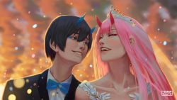 Rule 34 | 10s, 1boy, 1girl, black hair, black suit, blue horns, blue neckwear, bridal veil, carlo montie, closed eyes, collarbone, commentary, couple, darling in the franxx, earrings, english commentary, fangs, formal, green eyes, hetero, highres, hiro (darling in the franxx), horns, jewelry, long hair, oni horns, pink hair, red horns, shirt, short hair, signature, suit, tiara, veil, white shirt, zero two (darling in the franxx)