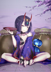 Rule 34 | 1girl, barefoot, blush, bowl, closed mouth, collarbone, fate/grand order, fate (series), feet, feet together, highres, holding, holding bowl, horns, looking at viewer, purple eyes, purple hair, short hair, shuten douji (fate), shuten douji (first ascension) (fate), signature, sitting, smile, soles, solo, toes, tongue, tongue out, yeh (354162698)