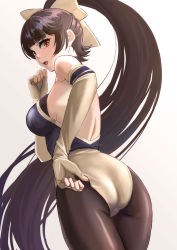 Rule 34 | 1girl, ass, azur lane, black hair, black pantyhose, bow, breasts, brown eyes, commentary request, cowboy shot, elbow gloves, fingerless gloves, from behind, gloves, hair bow, hair flaps, highres, large breasts, leotard, long hair, looking at viewer, looking back, multicolored leotard, pantyhose, ponytail, race queen, simple background, solo, takao (azur lane), takao (full throttle charmer) (azur lane), white background, white bow, yamagami mozuku