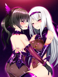 Rule 34 | 10s, 2girls, alternate costume, alternate eye color, alternate hair color, arm tattoo, back, bare back, bare shoulders, black gloves, black hair, blush, breasts, bridal gauntlets, corruption, covered erect nipples, dark persona, detached collar, elbow gloves, female focus, fishnet pantyhose, fishnets, gloves, half-closed eyes, heart, heart-shaped pupils, heart tattoo, highres, hug, kantai collection, lipstick, long hair, looking at viewer, looking back, makeup, multiple girls, nail polish, nipple piercing, nipple rings, nipples, okuri banto, pantyhose, piercing, piercing through clothes, pubic tattoo, purple eyes, purple legwear, purple lips, purple nails, saliva, saliva trail, see-through, shoukaku (kancolle), silver hair, sleeveless, sleeveless turtleneck, smile, symbol-shaped pupils, tattoo, thighhighs, turtleneck, twintails, yuri, zuikaku (kancolle)
