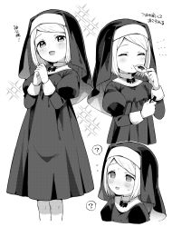 Rule 34 | 1girl, ?, ^ ^, bow, bowtie, child, closed eyes, cookie, eyebrows hidden by hair, food, greyscale, habit, highres, monochrome, moyori, multiple persona, nun, original, puffy sleeves, short hair, sparkle, spoken question mark, swept bangs, tagme, traditional nun