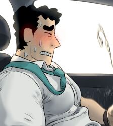 Rule 34 | 1boy, alternate muscle size, bara, black hair, blush, collared shirt, crayon shin-chan, cum, ear blush, from side, furrowed brow, highres, huge eyebrows, large pectorals, male focus, male masturbation, masturbation, mature male, muscular, muscular male, necktie, nohara hiroshi, out-of-frame censoring, paid reward available, pectorals, profile, projectile cum, salaryman, shirt, solo, sweat, torogao, unspoken (firebreath110), upper body, white shirt