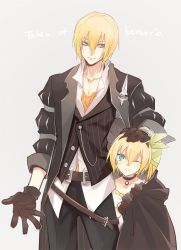 Rule 34 | 10s, 1boy, 1girl, belt, black neckwear, blonde hair, blue eyes, brother and sister, collarbone, copyright name, edna (tales), eizen (tales), gloves, hair ribbon, hand on another&#039;s head, heke, jacket, one eye closed, headpat, ribbon, siblings, simple background, tales of (series), tales of berseria, tales of zestiria, vest
