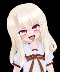 Rule 34 | 1girl, 3d, black background, blonde hair, blush, fate/kaleid liner prisma illya, fate (series), gs-mantis, illyasviel von einzbern, looking at viewer, naughty face, open mouth, red eyes, saliva, school uniform, short sleeves, smile, solo, tongue, tongue out