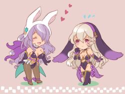 Rule 34 | 2girls, animal ears, breasts, camilla (fire emblem), camilla (spring) (fire emblem), chibi, cleavage, corrin (female) (fire emblem), corrin (fire emblem), fire emblem, fire emblem fates, fire emblem heroes, gloves, hair between eyes, hair ornament, hair over one eye, hairband, highres, jewelry, large breasts, lips, long hair, multiple girls, nintendo, open mouth, pointy ears, purple eyes, purple hair, rabbit ears, rabbit tail, red eyes, renkonmatsuri, smile, tail, thighs, very long hair, wavy hair, white hair