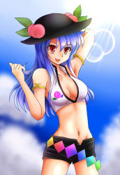 Rule 34 | 1girl, alternate costume, arm behind head, armlet, armpits, blue hair, blue sky, breasts, cleavage, cloud, collarbone, crop top, day, female focus, food, fruit, groin, hat, hinanawi tenshi, leaf, lens flare, long hair, looking at viewer, medium breasts, midriff, mitsucho, navel, open clothes, open mouth, open shorts, peach, red eyes, shorts, sky, solo, touhou