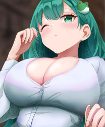 Rule 34 | 1girl, blush, breasts, buttons, cleavage cutout, closed mouth, clothing cutout, commentary request, frog hair ornament, from below, green eyes, green hair, hair ornament, highres, kisaragi koushi, kochiya sanae, large breasts, light frown, long hair, one eye closed, shirt, solo, touhou, upper body, white shirt