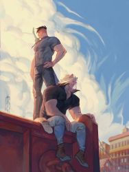 Rule 34 | 2boys, abs, animal ears, artist name, bara, biceps, black eyes, black hair, blonde hair, boots, building, cable, cloud, cloudy sky, collar, collared shirt, day, denim, facial hair, hairy, hand on own hip, highres, jeans, large pectorals, long hair, looking to the side, male focus, mature male, multiple boys, muscular, muscular male, original, outdoors, pants, pectoral cleavage, pectorals, punbun 4fun, rooftop, shirt, short hair, signature, sitting, sky, stubble, sword, t-shirt, tail, thick arms, transmission tower, undercut, weapon, weapon on back, yellow eyes