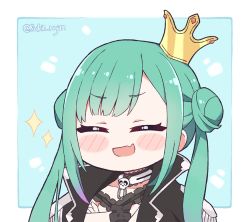 Rule 34 | 1girl, :d, ^ ^, black coat, blush stickers, chibi, closed eyes, coat, commentary, crossed arms, crown, double bun, english commentary, epaulettes, fang, green hair, hair bun, hololive, kukie-nyan, long hair, looking at viewer, open mouth, popped collar, skin fang, smile, solo, sparkle, tilted headwear, twintails, twitter username, uruha rushia, uruha rushia (3rd costume), virtual youtuber