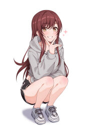 Rule 34 | 1girl, absurdres, bare legs, black shorts, blush, dolphin shorts, grey hoodie, grin, highres, hood, hood down, hoodie, idolmaster, idolmaster shiny colors, long hair, long sleeves, looking at viewer, open mouth, osaki amana, red hair, shoes, shorts, simple background, smile, sneakers, solo, sorugi park, squatting, swept bangs, teeth, v, white background, yellow eyes