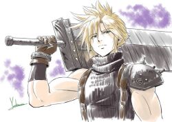 Rule 34 | 1boy, blonde hair, blue eyes, buster sword, cloud strife, expressionless, final fantasy, final fantasy vii, gloves, looking at viewer, male focus, over shoulder, signature, single shoulder pad, sketch, sleeveless, sleeveless turtleneck, solo, spiked hair, sweater, sword, sword over shoulder, turtleneck, turtleneck sweater, upper body, weapon, weapon over shoulder, yoshinaga masahiro