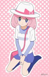 Rule 34 | 1girl, bag, blue socks, bright pupils, closed mouth, creatures (company), frown, full body, game freak, hat, highres, jiffy0v0, long hair, looking at viewer, mole, mole under eye, nintendo, outline, pink background, pink bag, pink hair, pokemon, pokemon bw2, polka dot, polka dot background, shirt, shoulder bag, sitting, skirt, socks, solo, undershirt, white hat, white pupils, white shirt, yancy (pokemon)