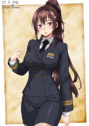 1girl alternate_costume black_jacket black_necktie black_skirt brown_hair buttons cherry_blossoms collared_shirt double-breasted flower hair_flower hair_intakes hair_ornament highres hisamatomoki jacket kantai_collection long_hair long_sleeves military_rank_insignia military_uniform miniskirt naval_dress_uniform naval_uniform necktie ponytail purple_eyes ribbon_bar shirt sidelocks skirt solo very_long_hair yamato_(kancolle)