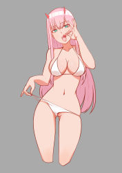 Rule 34 | 10s, 1girl, bikini, bikini pull, breasts, candy, clothes pull, cropped legs, darling in the franxx, food, gluteal fold, green eyes, grey background, head tilt, highres, horns, kuso otoko, large breasts, lollipop, long hair, navel, open mouth, partially visible vulva, pink hair, simple background, skindentation, solo, swimsuit, thigh gap, tongue, tongue out, white bikini, zero two (darling in the franxx)