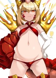 Rule 34 | 1girl, absurdres, bare shoulders, bikini, blonde hair, braid, breasts, criss-cross halter, crown, dragon tail, elbow gloves, facial mark, fate/grand order, fate (series), french braid, gloves, hair intakes, halterneck, highres, long hair, looking at viewer, navel, nero claudius (fate), nero claudius (fate) (all), pregnant, queen draco (fate), red bikini, red eyes, scales, single glove, small breasts, smile, solo, swimsuit, tail, thighs, translation request, tsukasawa takamatsu, white gloves