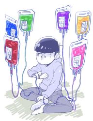 Rule 34 | 10s, 1boy, bad id, bad twitter id, black hair, blood, blue blood, bored, colored blood, denim, green blood, hood, hoodie, indian style, intravenous drip, jeans, male focus, matsuno osomatsu, monochrome, nanika (nnkgh), osomatsu-kun, osomatsu-san, osomatsu (series), pants, pink blood, purple blood, simple background, sitting, socks, solo, spot color, watch, white background, yellow blood