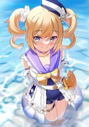 Rule 34 | 1girl, absurdres, art itou, bag, barbara (genshin impact), barbara (summertime sparkle) (genshin impact), bird, blonde hair, blue eyes, bow, bowtie, drill hair, duck, genshin impact, hat, highres, long sleeves, looking at viewer, partially submerged, sailor hat, smile, swimsuit, twin drills, twintails, water