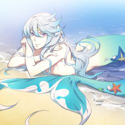 Rule 34 | 10s, 1boy, bishounen, circlet, fins, fish tail, hair between eyes, highres, long hair, looking at viewer, lying, male focus, merman, mikleo (tales), monster boy, on stomach, sand, signature, solo, tail, tales of (series), tales of zestiria, zehel az