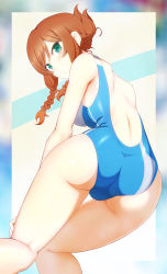 Rule 34 | 10s, 1girl, alternate hairstyle, ass, blush, braid, brown hair, competition swimsuit, emanon123, from behind, green eyes, gundam, gundam build fighters, gundam build fighters try, hand on own knee, highres, kamiki mirai, long hair, looking back, one-piece swimsuit, shoulder blades, solo, swimsuit, twin braids