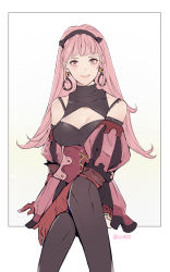 Rule 34 | 1girl, black pantyhose, blunt bangs, breasts, cleavage, cleavage cutout, clothing cutout, corset, crossed legs, dress, earrings, female focus, fire emblem, fire emblem: three houses, gloves, hairband, highres, hilda valentine goneril, hoop earrings, invisible chair, jewelry, lips, long hair, looking at viewer, matching hair/eyes, medium breasts, nintendo, pantyhose, pink dress, pink eyes, pink hair, red gloves, shino (mufn5785), simple background, sitting, smile, solo, straight hair, turtleneck, twitter username, white background