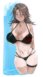 Rule 34 | 1girl, blue eyes, breasts, brown hair, cleavage, closed mouth, final fantasy, final fantasy viii, genderswap, genderswap (mtf), highres, huge breasts, kingdom hearts, long hair, looking at viewer, navel, scar, scar on face, scar on forehead, solo, soo (sr00a2ht), squall leonhart, swimsuit, thigh strap