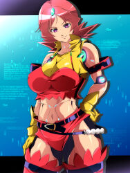 Rule 34 | 00s, 1girl, android, artist request, breasts, cleavage, gloves, hair ornament, hand on own hip, highres, joints, large breasts, long hair, looking at viewer, midriff, naomi fluegel, navel, purple eyes, red hair, revealing clothes, shiny skin, shorts, simple background, smile, spiked hair, zoids, zoids shinseiki/zero