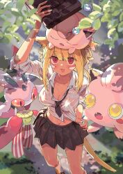 Rule 34 | 1girl, :d, arm up, blonde hair, blush, brown skirt, collared shirt, commentary request, creatures (company), crossover, day, fang, final fantasy, final fantasy xiv, game freak, gen 1 pokemon, gen 2 pokemon, gen 7 pokemon, highres, hiyo moo, holding, jigglypuff, long hair, lurantis, nintendo, on head, open mouth, outdoors, pleated skirt, pokemon, pokemon (creature), pokemon on head, red eyes, scream tail, shirt, skiploom, skirt, sleeves rolled up, smile, standing, warrior of light (ff14), wet, wet clothes, wet shirt