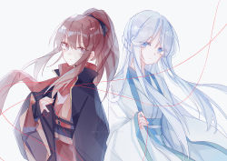 Rule 34 | 2girls, :|, bai yuxiu, chinese clothes, closed mouth, feng ling&#039;er, feng ling yu xiu, hair down, hanfu, looking at viewer, mailboxintiao, multiple girls, red ribbon, ribbon, scarf, simple background, watermark, white background, white hair, wide sleeves