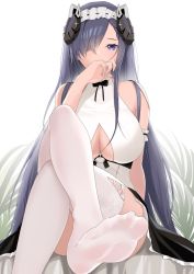 Rule 34 | 1girl, absurdres, arm strap, august von parseval (azur lane), august von parseval (the conquered unhulde) (azur lane), azur lane, bare shoulders, blue eyes, blue hair, blush, breasts, covered mouth, feet, foot focus, hair over one eye, headdress, highres, horns, large breasts, long hair, looking at viewer, official alternate costume, one eye covered, oxygen mask (oxygenmask233), sitting, solo, thighhighs, thighs, white headwear, white thighhighs