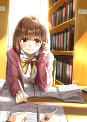 Rule 34 | 1girl, blush, book, bookshelf, brown eyes, brown hair, cardigan, commentary request, elbows on table, glasses, hand in own hair, highres, holding, holding pen, indoors, library, light smile, long sleeves, looking at viewer, neck ribbon, open book, open cardigan, open clothes, original, pen, pink cardigan, pov across table, ribbon, school uniform, shirt, short hair, signature, solo, soragane (banisinngurei), white shirt, window, yellow ribbon