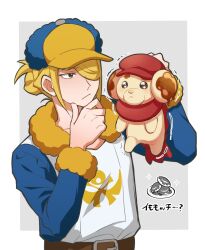 Rule 34 | 1boy, :&lt;, belt, blonde hair, blue jumpsuit, brown belt, brown eyes, closed mouth, clothed pokemon, commentary request, creatures (company), fidough, futako (gemini ds), game freak, hair over one eye, hands up, hat, highres, holding, holding pokemon, jumpsuit, long sleeves, male focus, nintendo, pokemon, pokemon (creature), pokemon legends: arceus, red headwear, red scarf, scarf, sparkle, trembling, volo (pokemon), yellow headwear