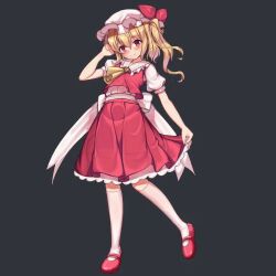 Rule 34 | 1girl, aiza-ku, ascot, back bow, blonde hair, blush, bow, closed mouth, dark background, flandre scarlet, full body, grey background, hand in own hair, hat, head tilt, kneehighs, large bow, leaning back, light smile, looking at viewer, mary janes, medium hair, mob cap, one side up, puffy short sleeves, puffy sleeves, red eyes, red footwear, red skirt, red vest, shirt, shoes, short sleeves, simple background, skirt, skirt set, socks, solo, touhou, vest, white bow, white hat, white shirt, white socks, yellow ascot