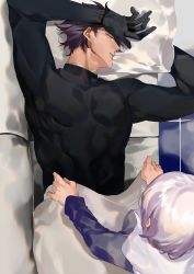 Rule 34 | 1boy, 1girl, absurdres, bad id, bad twitter id, black gloves, black shirt, blanket, bob cut, closed eyes, couch, fate/grand order, fate (series), from above, gloves, highres, jacket, lancelot (fate/grand order), light purple hair, male focus, mash kyrielight, open mouth, purple hair, shirt