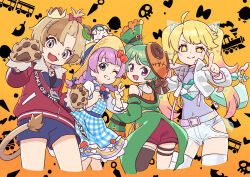 Rule 34 | 4girls, :3, ahoge, animal ears, animal hands, animal nose, arm up, bangs pinned back, belt, beret, black shirt, blonde hair, blue shorts, bow, braid, brown hair, cat ears, coat, colored tips, commentary request, cropped jacket, cropped legs, dress, fake animal ears, fang, fangs, fur-trimmed jacket, fur trim, gloves, green coat, green eyes, grin, hair bow, hair bun, hand up, hat, highres, hip vent, hoshizaki tia, indie virtual youtuber, jacket, leotard, lion girl, lion tail, long hair, long sleeves, looking at viewer, looking back, low twin braids, mochi hiyoko, mochipro, mode aim, multicolored belt, multicolored hair, multiple girls, om (nk2007), open clothes, open jacket, open mouth, orange hat, patterned background, paw gloves, pink hair, plaid, plaid dress, pointing, pointing at viewer, ponpoko (vtuber), purple eyes, purple hair, purple leotard, purple skirt, quilted jacket, red bow, red jacket, red shorts, saeki yahiro, shirt, short hair, short shorts, shorts, single bare shoulder, single side bun, single thighhigh, skindentation, skirt, sleeveless, sleeveless shirt, sleeves past fingers, sleeves past wrists, smile, star-shaped pupils, star (symbol), streaked hair, symbol-shaped pupils, tail, tailcoat, thigh strap, thighhighs, track jacket, twin braids, twintails, uneven eyes, v, v-shaped eyebrows, virtual youtuber, white jacket, white shorts, white thighhighs, yellow pupils
