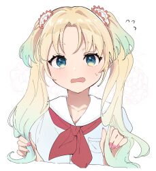 Rule 34 | 1girl, absurdres, blonde hair, blue eyes, blue shirt, blush, bow, breast pocket, cropped torso, dot nose, fang, flying sweatdrops, forehead, gradient hair, green hair, hair ornament, hair scrunchie, highres, link! like! love live!, long bangs, long hair, looking at viewer, love live!, multicolored hair, nail polish, neckerchief, ooho0216, open mouth, osawa rurino, parted bangs, pink nails, pocket, raised eyebrows, red bow, red neckerchief, sailor collar, school uniform, scrunchie, serafuku, shirt, sidelocks, simple background, skin fang, solo, straight-on, sweatdrop, two side up, upper body, white background, white sailor collar