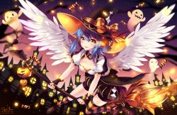 Rule 34 | 1girl, album cover, angel, angel wings, black thighhighs, blue hair, bow, breasts, broom, broom riding, building, candy, cleavage, coattails, cover, feathered wings, flying, food, food-themed hair ornament, gem, ghost, glowing windows, hair ornament, halloween, hat, hat bow, highres, looking at viewer, medium breasts, musical note, night, night sky, orange bow, orange thighhighs, original, phyrnna, pink sky, puffy short sleeves, puffy shorts, puffy sleeves, pumpkin, pumpkin hair ornament, purple gemstone, shoes, short sleeves, shorts, signature, sky, skyline, smile, squchan, staff (music), star (sky), star (symbol), starry sky, striped clothes, striped thighhighs, thighhighs, tongue, tongue out, white wings, window, wings, witch hat, wrist cuffs, yellow eyes