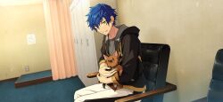 Rule 34 | 1boy, animal, animal collar, blue hair, chair, collar, curtains, dog, ensemble stars!, grey shirt, hair between eyes, happy elements, holding, holding animal, holding dog, hood, hood down, hooded jacket, jacket, legs together, long sleeves, male focus, official art, on chair, open clothes, open jacket, pants, sazanami jun, shirt, short hair, third-party source, white pants
