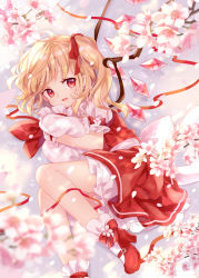 Rule 34 | 1girl, :d, back bow, blonde hair, blurry, bobby socks, bow, cherry blossoms, crystal, depth of field, fang, feet out of frame, flandre scarlet, flower, from above, from side, hair ribbon, hat, unworn hat, unworn headwear, looking at viewer, lying, medium hair, mimi (mimi puru), mob cap, hugging object, on side, one side up, open mouth, petals, petticoat, pointy ears, puffy short sleeves, puffy sleeves, red eyes, red footwear, red ribbon, red skirt, red vest, ribbon, shirt, shoes, short sleeves, skirt, skirt set, smile, socks, solo, touhou, vest, white shirt, white socks, wings, wrist cuffs