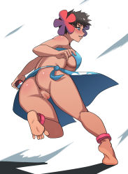 Rule 34 | 1girl, anklet, anus, ass, bare arms, bare shoulders, barefoot, black hair, blue eyes, blush, breasts, censored, creatures (company), dark-skinned female, dark skin, feet, flower, game freak, hair flower, hair ornament, highres, jewelry, large breasts, light soles, mosaic censoring, nintendo, no panties, parted lips, phoebe (pokemon), poke ball, poke ball (basic), pokemon, pokemon rse, pussy, sarong, short hair, simple background, smile, soles, solo, standing, standing on one leg, strapless, toes, tube top, underboob, white background, ytrall
