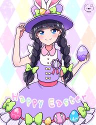 Rule 34 | 1girl, black hair, blue eyes, blush, bow, braid, commentary request, delicious party precure, dress, easter egg, egg, green bow, hand on headwear, happy easter, hat, highres, kasai amane, moro precure, precure, purple dress, purple hat, smile, solo, top hat, twin braids