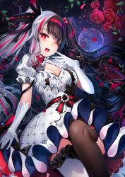 Rule 34 | 1girl, black hair, black thighhighs, breasts, cleavage, dress, elbow gloves, flower, frilled dress, frilled thighhighs, frills, gloves, hair bobbles, hair ornament, highres, multicolored hair, nijisanji, one eye closed, red eyes, rose, solo, split-color hair, streaked hair, thighhighs, twintails, two-tone hair, virtual youtuber, white gloves, white hair, white thighhighs, yorumi rena, yorumi rena (1st costume), zerocat