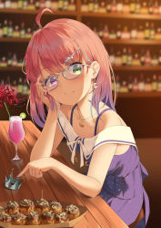 Rule 34 | ahoge, bare shoulders, blue dress, blurry, bottle, candy hair ornament, collarbone, crescent, crescent earrings, crown, unworn crown, depth of field, dress, earrings, food, food-themed hair ornament, glass, glasses, gorudazo, hair ornament, head rest, heterochromia, highres, himemori luna, himemori luna (sundress), hololive, jewelry, looking at viewer, mini crown, nail polish, sitting, smile, solo, starry sky print, table, takoyaki, virtual youtuber, wine bottle, wooden table