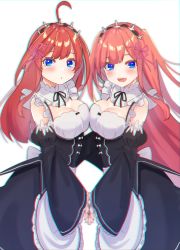 Rule 34 | 2girls, :d, absurdres, ahoge, apron, black dress, blue eyes, blunt bangs, blush, breast press, breasts, cleavage, cosplay, detached sleeves, dress, frills, go-toubun no hanayome, hair ornament, highres, kurosaki coco, large breasts, long hair, looking at viewer, maid, maid apron, maid headdress, multiple girls, nakano itsuki, nakano nino, open mouth, parted lips, pink hair, red hair, siblings, sisters, smile, symmetrical docking, symmetrical hand pose, twintails