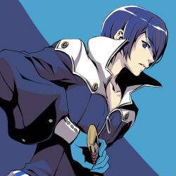 Rule 34 | 1boy, blue background, blue eyes, blue gloves, blue hair, blue jacket, collarbone, gloves, holding, holding sword, holding weapon, jacket, kitagawa yuusuke, long sleeves, male focus, oto nagi, parted lips, persona, persona 5, short hair, solo, sword, two-tone background, weapon