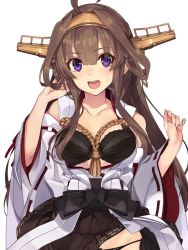Rule 34 | 1girl, ahoge, aiguillette, bare shoulders, black bra, black panties, blush, bra, breasts, brown hair, cleavage, collarbone, commentary request, cowboy shot, detached sleeves, double bun, hair between eyes, hair bun, hairband, hand up, headgear, japanese clothes, kantai collection, kongou (kancolle), kongou kai ni (kancolle), large breasts, long hair, looking at viewer, nontraditional miko, open mouth, panties, purple eyes, red skirt, shirokitsune, side-tie panties, sidelocks, simple background, skirt, smile, solo, underwear, white background, wide sleeves